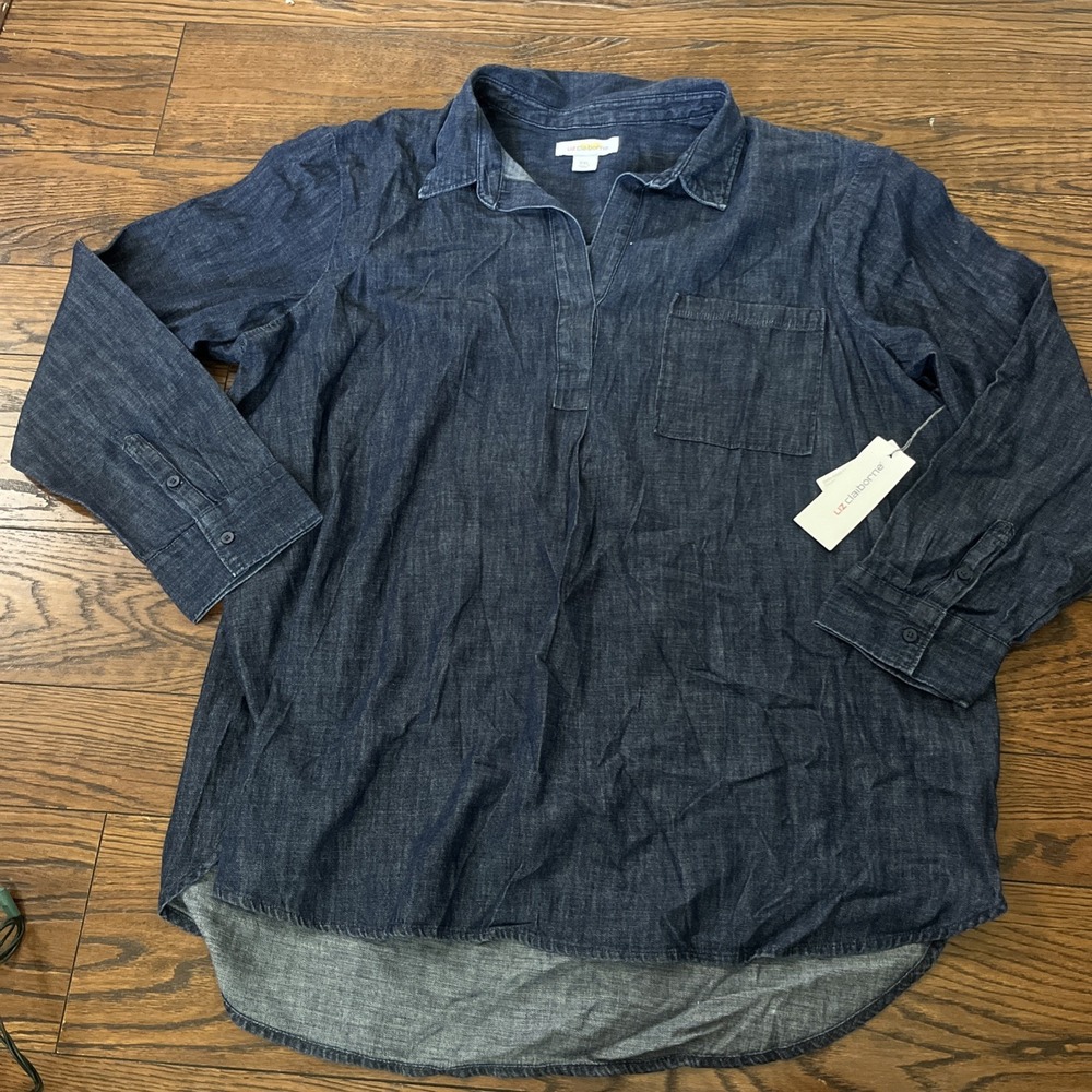 Liz Claiborne Women's Denim 100% Cotton Long Sleeve Pullover Shirt Sz XXL